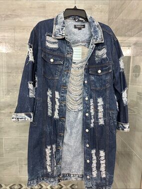 Thrill Medium/Dark Blue Distressed Oversized Denim Trench Jacket